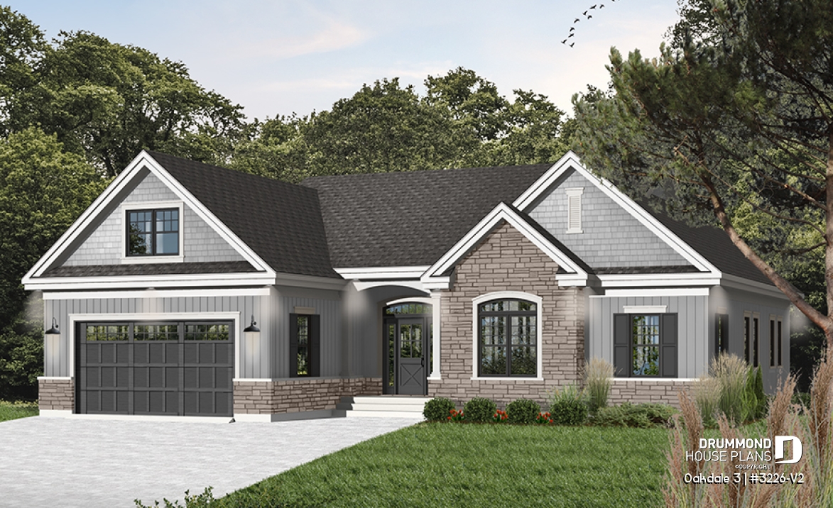 front - BASE MODEL - U shape Ranch house plan, 2-car garage, master suite, large kitchen with island, high ceiling, bonus room - Oakdale 3