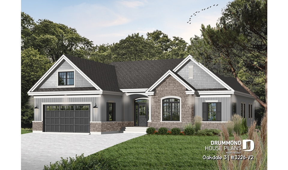 front - BASE MODEL - U shape Ranch house plan, 2-car garage, master suite, large kitchen with island, high ceiling, bonus room - Oakdale 3