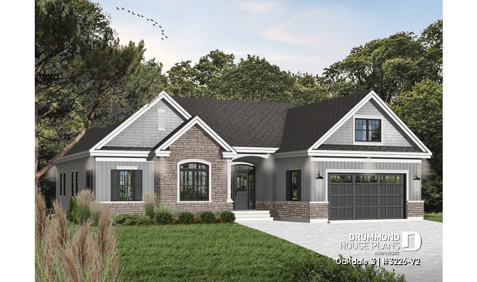 front - BASE MODEL - U shape Ranch house plan, 2-car garage, master suite, large kitchen with island, high ceiling, bonus room - Oakdale 3