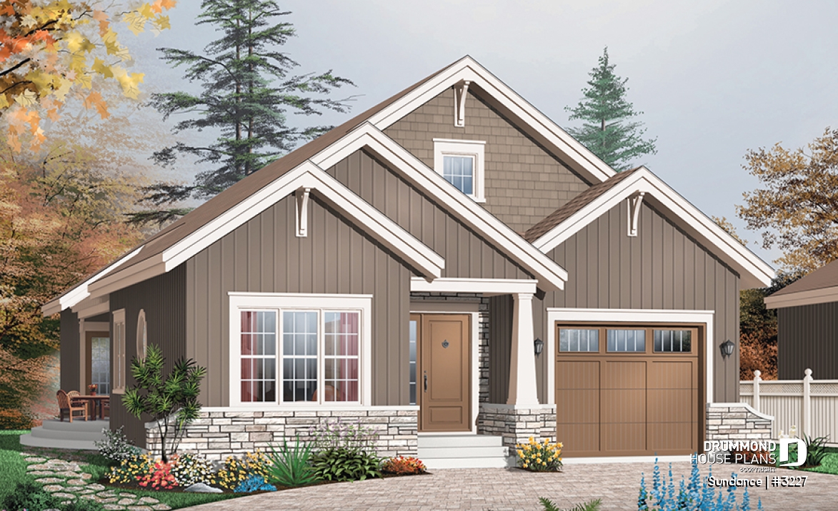 front - BASE MODEL - 3 bedroom Craftsman house plan with ensuite, fireplace, mud room, side lanai and lots of light - Sundance