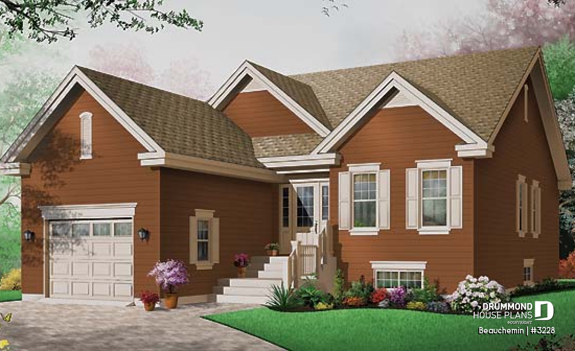 front - BASE MODEL - Traditional bungalow with 3 bedrooms on same level, 1-car garage, ideal for narrow lot - Beauchemin