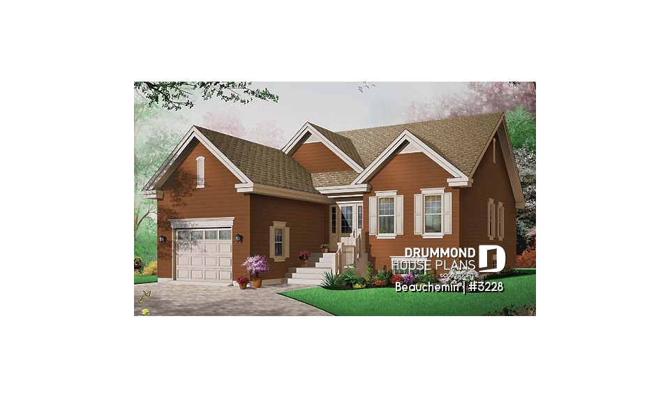 front - BASE MODEL - Traditional bungalow with 3 bedrooms on same level, 1-car garage, ideal for narrow lot - Beauchemin