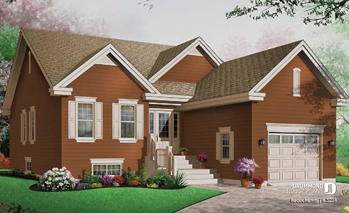 front - BASE MODEL - Traditional bungalow with 3 bedrooms on same level, 1-car garage, ideal for narrow lot - Beauchemin