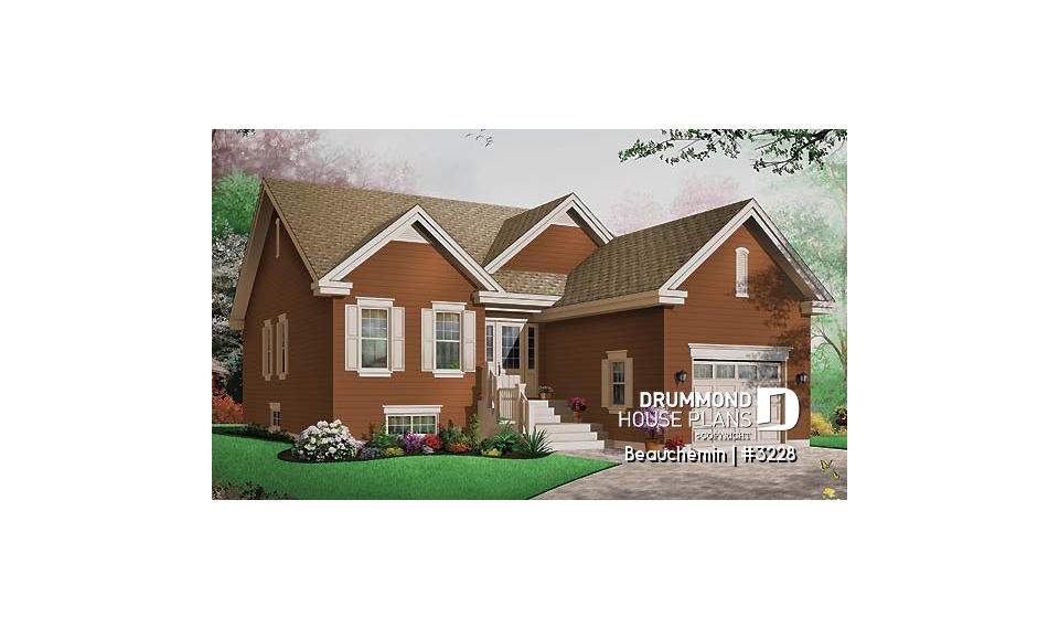 front - BASE MODEL - Traditional bungalow with 3 bedrooms on same level, 1-car garage, ideal for narrow lot - Beauchemin