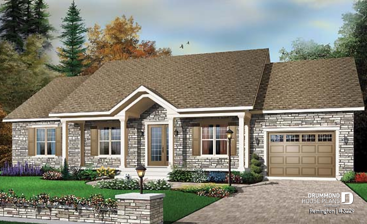 front - BASE MODEL - 3 bedroom ranch house plan with 3 bedrooms, covered porch and garage - Remington