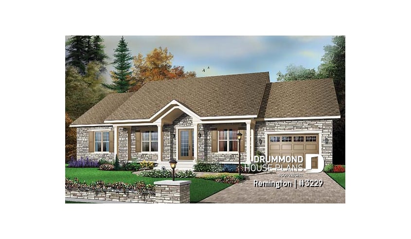 front - BASE MODEL - 3 bedroom ranch house plan with 3 bedrooms, covered porch and garage - Remington