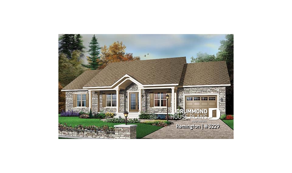 front - BASE MODEL - 3 bedroom ranch house plan with 3 bedrooms, covered porch and garage - Remington