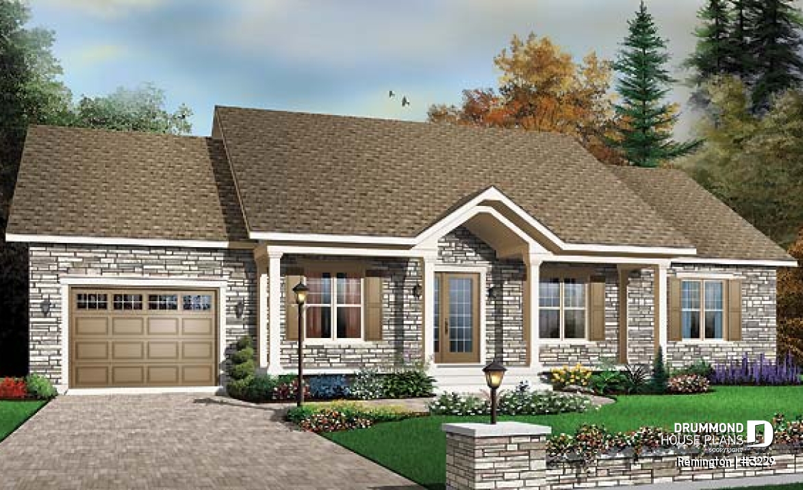 front - BASE MODEL - 3 bedroom ranch house plan with 3 bedrooms, covered porch and garage - Remington