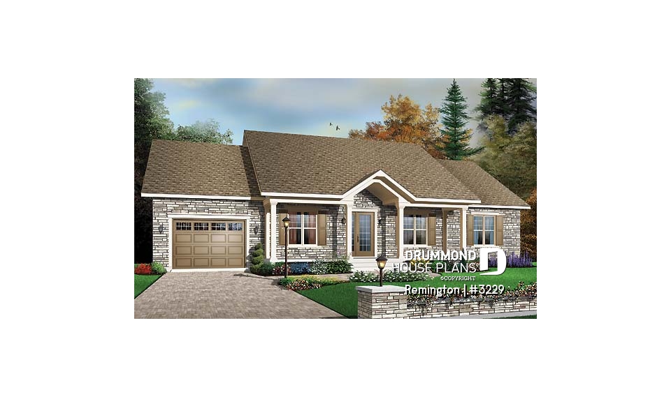 front - BASE MODEL - 3 bedroom ranch house plan with 3 bedrooms, covered porch and garage - Remington