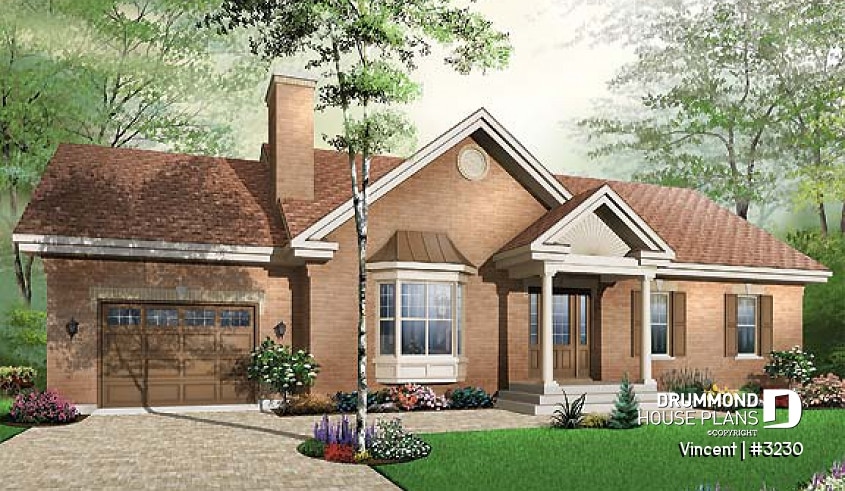front - BASE MODEL - 3 bedroom low-cost Ranch bungalow house plan with garage, built ins, entrance foyer and fireplace - Vincent
