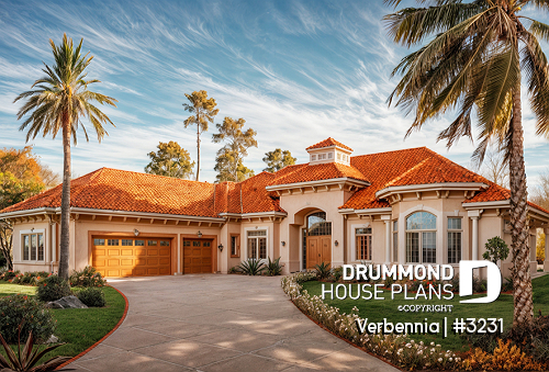 front - BASE MODEL - 3 to 4 bedroom mediteranean luxury villa house plan, 3 car garage, split bedroom floor plan, 2 fireplaces - Verbennia