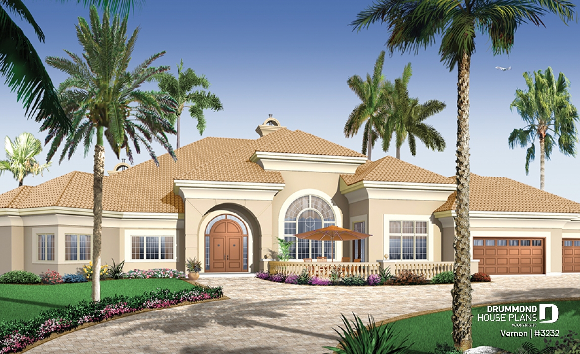 front - BASE MODEL - 3 bedroom mediteranean luxury house plan with 10' ceilings, formal dining and living room, garage - Vernon