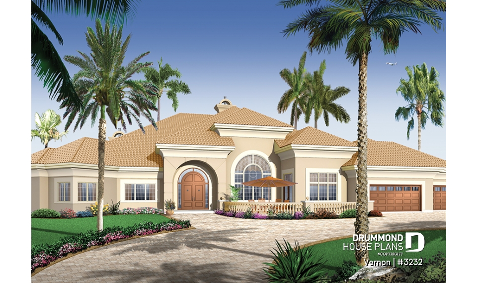 front - BASE MODEL - 3 bedroom mediteranean luxury house plan with 10' ceilings, formal dining and living room, garage - Vernon