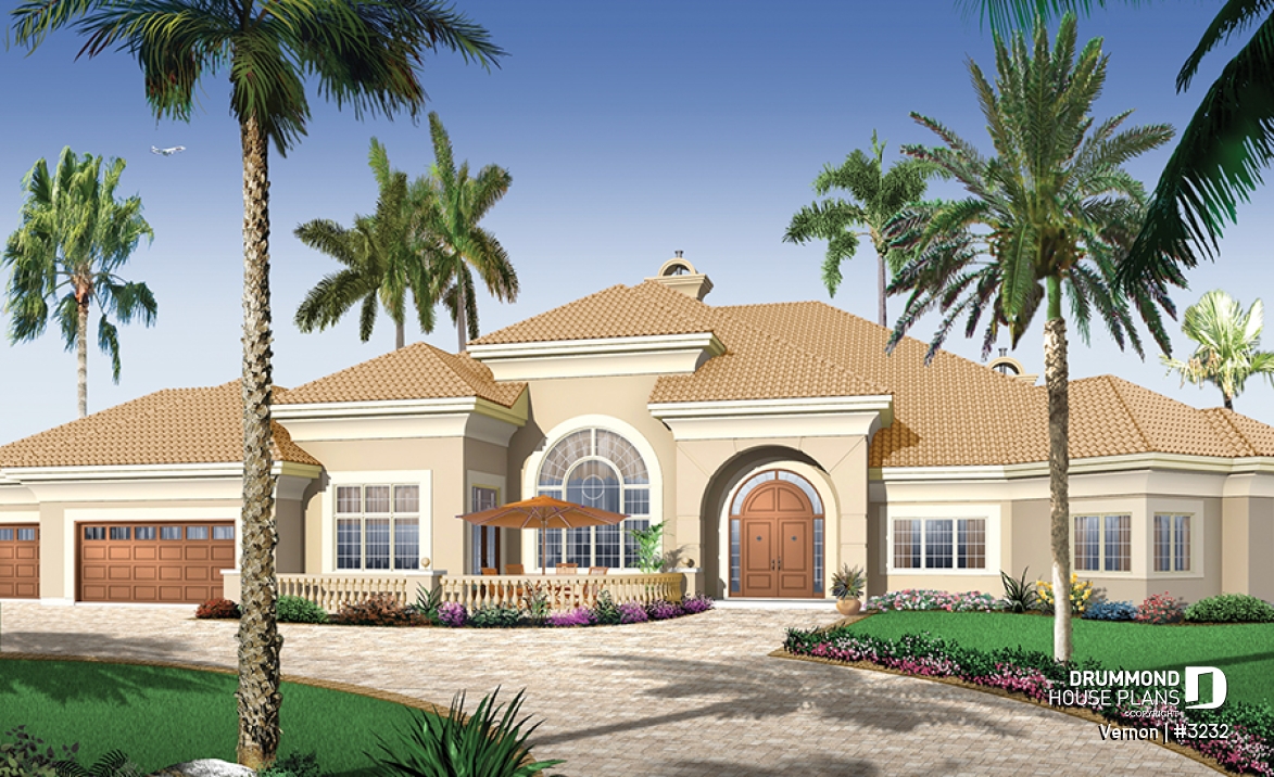 front - BASE MODEL - 3 bedroom mediteranean luxury house plan with 10' ceilings, formal dining and living room, garage - Vernon