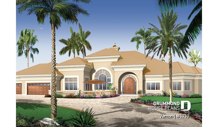 front - BASE MODEL - 3 bedroom mediteranean luxury house plan with 10' ceilings, formal dining and living room, garage - Vernon