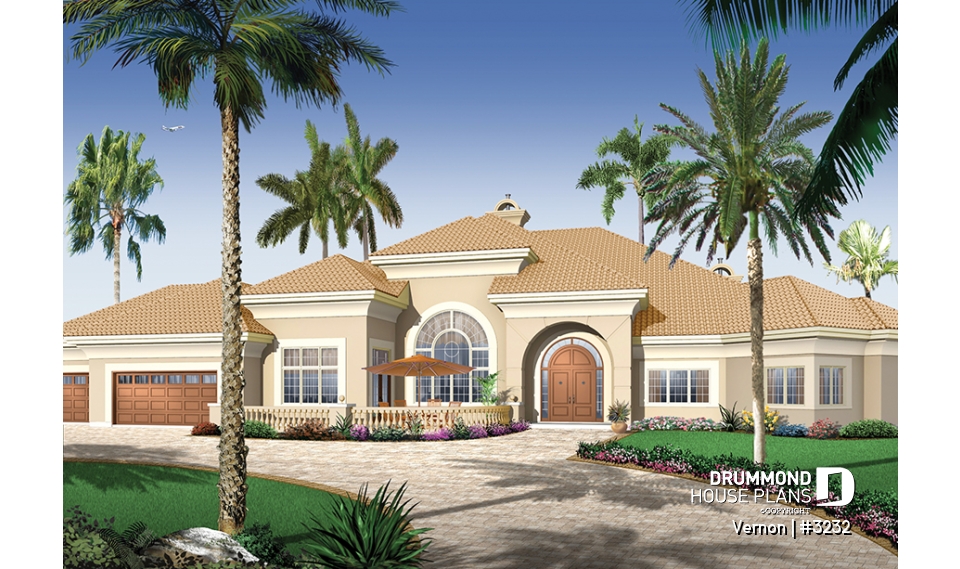 front - BASE MODEL - 3 bedroom mediteranean luxury house plan with 10' ceilings, formal dining and living room, garage - Vernon
