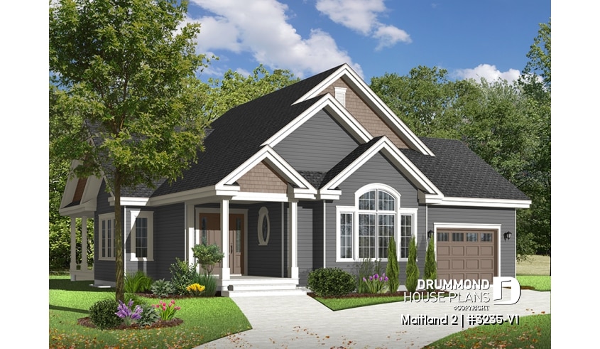 Color version 2 - Front - Country style ranch house plan with 3 bedrooms, open floor plan, covered patio and garage - Maitland 2