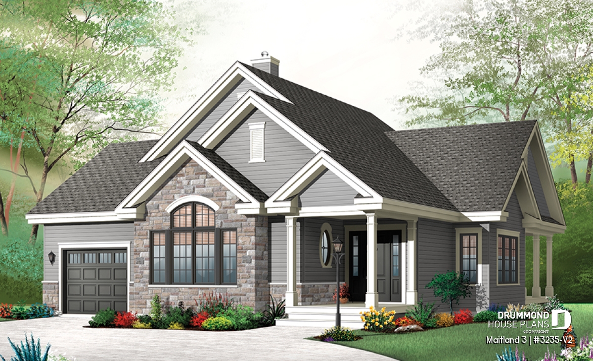 front - BASE MODEL - Ranch Bungalow house plan, with galley kitchen, open floor plan concept, garage, many foundation options - Maitland 3