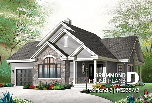 front - BASE MODEL - Ranch Bungalow house plan, with galley kitchen, open floor plan concept, garage, many foundation options - Maitland 3