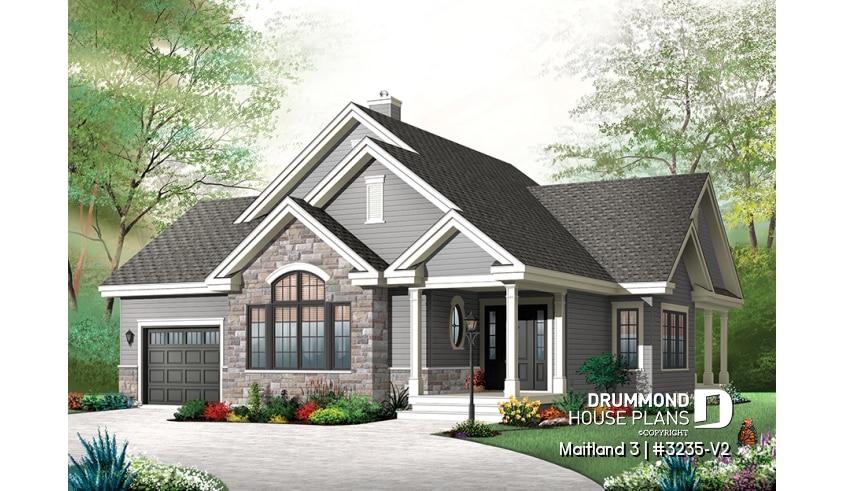 front - BASE MODEL - Ranch Bungalow house plan, with galley kitchen, open floor plan concept, garage, many foundation options - Maitland 3
