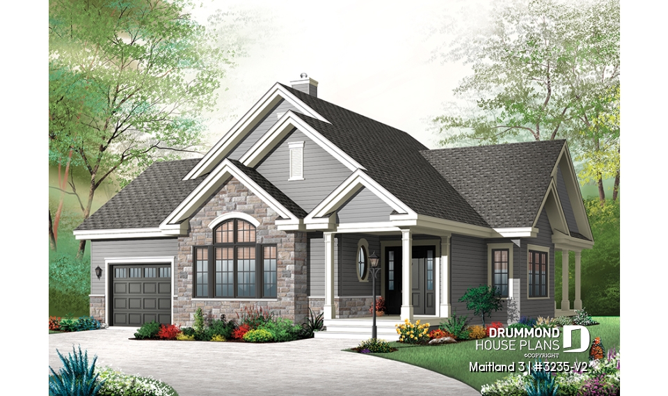 front - BASE MODEL - Ranch Bungalow house plan, with galley kitchen, open floor plan concept, garage, many foundation options - Maitland 3