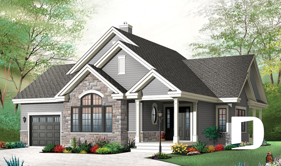 front - BASE MODEL - Ranch Bungalow house plan, with galley kitchen, open floor plan concept, garage, many foundation options - Maitland 3