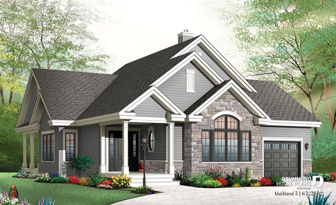 front - BASE MODEL - Ranch Bungalow house plan, with galley kitchen, open floor plan concept, garage, many foundation options - Maitland 3