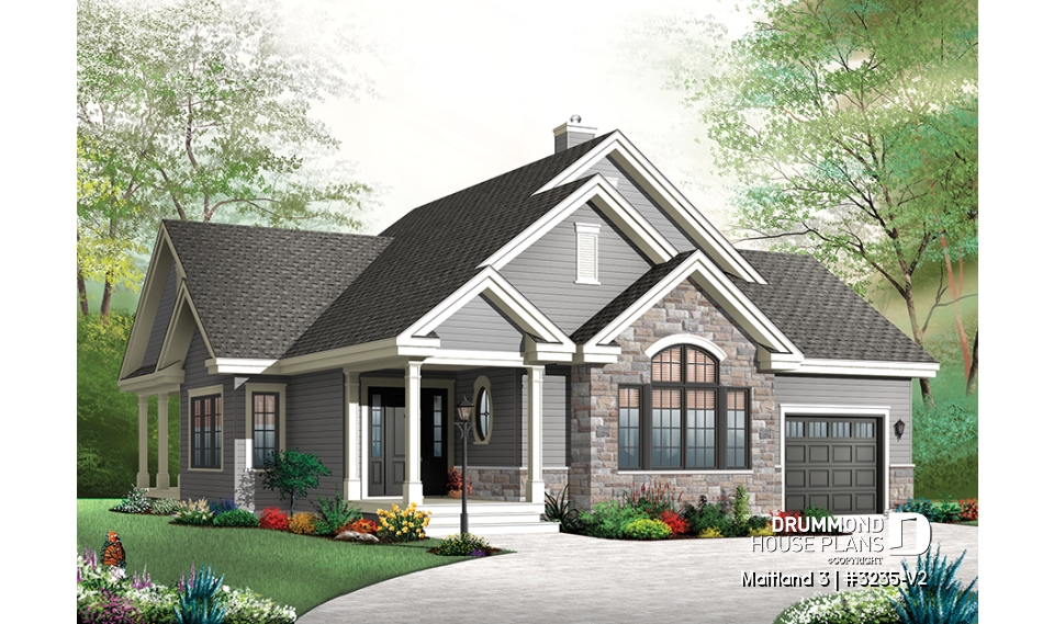 front - BASE MODEL - Ranch Bungalow house plan, with galley kitchen, open floor plan concept, garage, many foundation options - Maitland 3