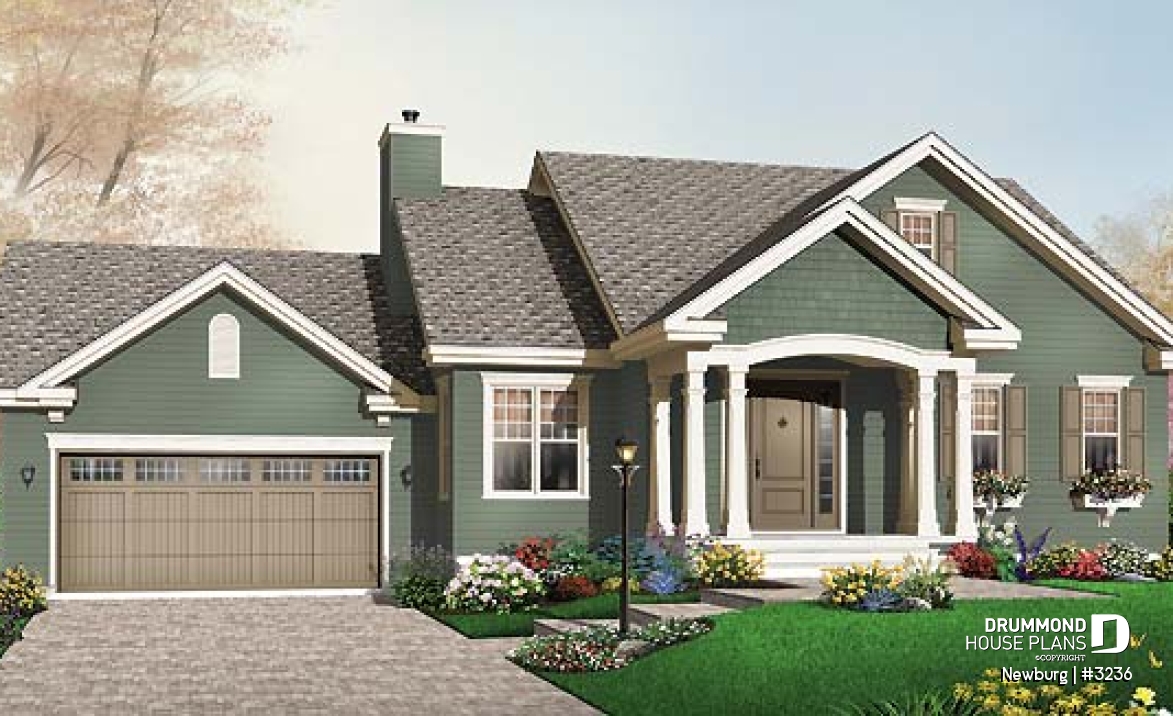 front - BASE MODEL - 2 bedroom open floorplan bungalow with double garage and fireplace - Newburg