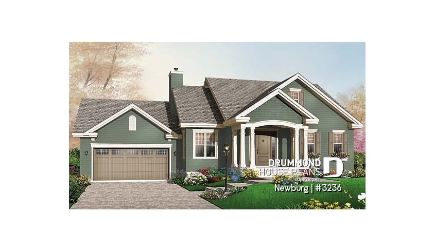 front - BASE MODEL - 2 bedroom open floorplan bungalow with double garage and fireplace - Newburg