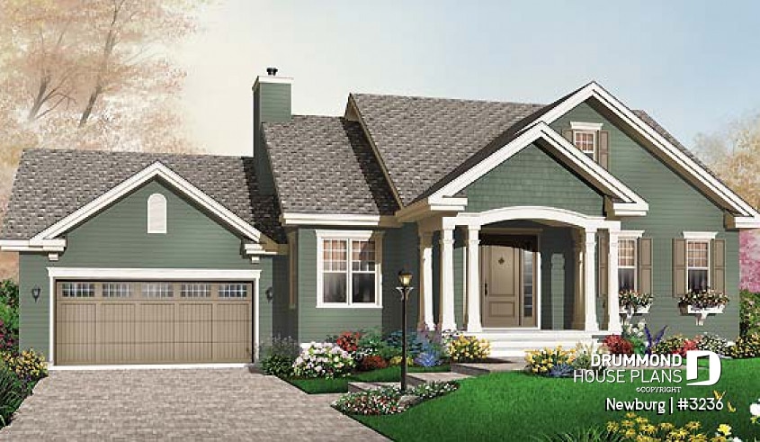 front - BASE MODEL - 2 bedroom open floorplan bungalow with double garage and fireplace - Newburg