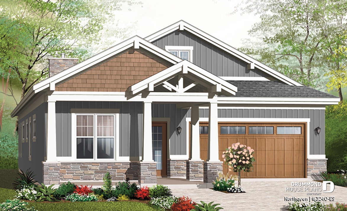 front - BASE MODEL - Craftsman bungalow house plan, master suite, 3 bedrooms, 9' ceiling, open floor plan, large covered terrace  - Northaven