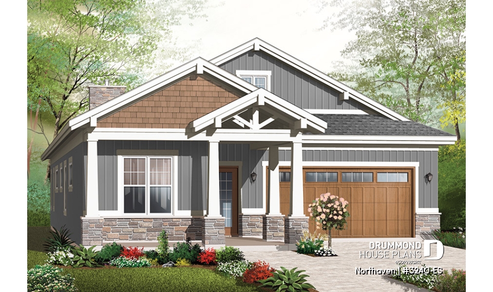 front - BASE MODEL - Craftsman bungalow house plan, master suite, 3 bedrooms, 9' ceiling, open floor plan, large covered terrace  - Northaven