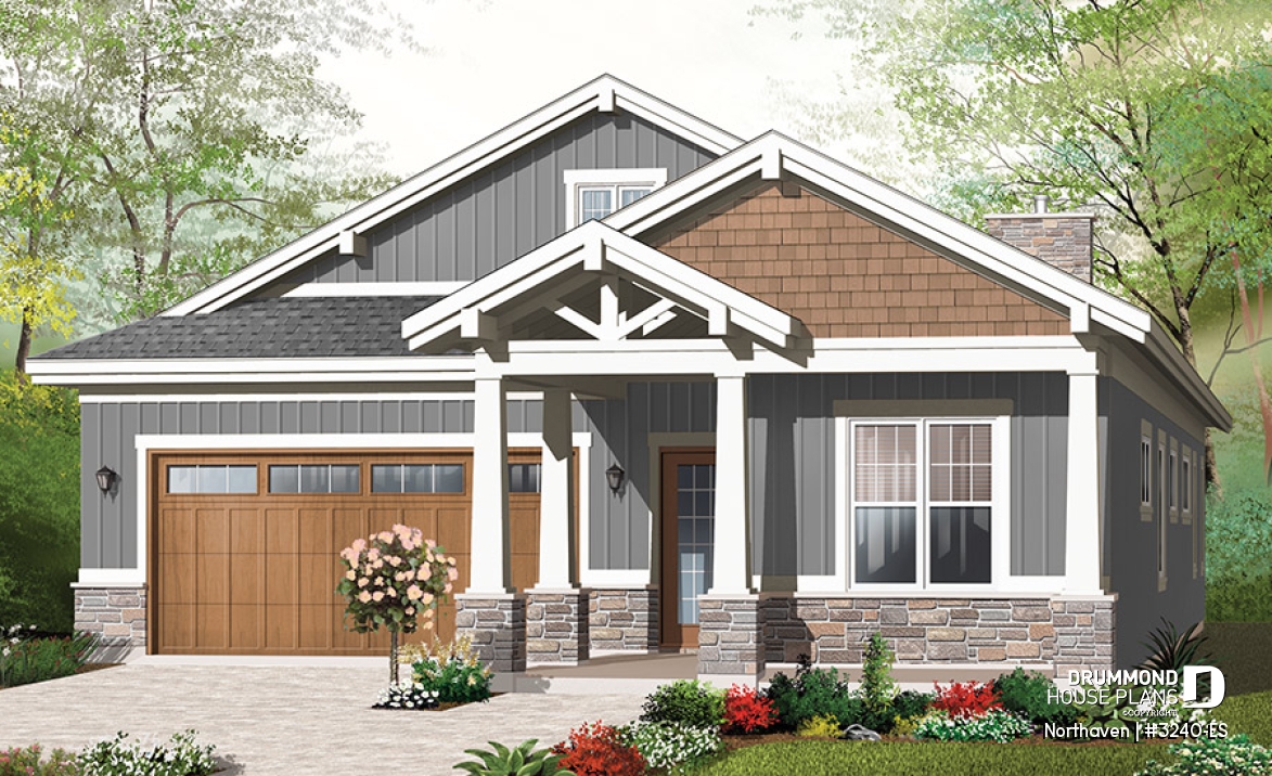 front - BASE MODEL - Craftsman bungalow house plan, master suite, 3 bedrooms, 9' ceiling, open floor plan, large covered terrace  - Northaven