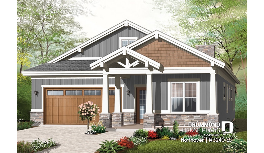 front - BASE MODEL - Craftsman bungalow house plan, master suite, 3 bedrooms, 9' ceiling, open floor plan, large covered terrace  - Northaven