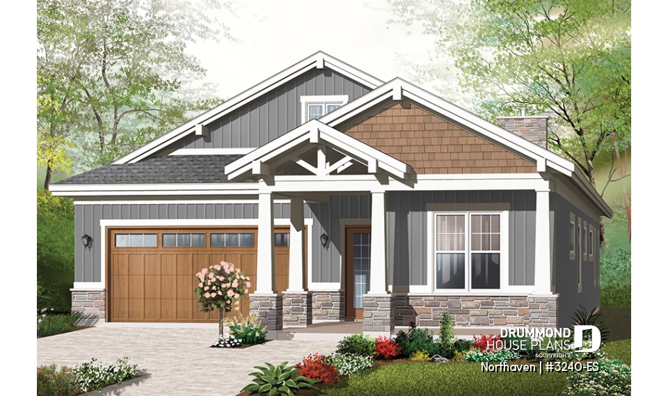 front - BASE MODEL - Craftsman bungalow house plan, master suite, 3 bedrooms, 9' ceiling, open floor plan, large covered terrace  - Northaven