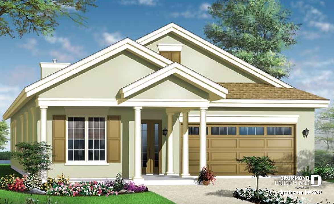 front - BASE MODEL - Single storey house plan, 3 bedroom, 2-car garage, fireplace, great master suite and covered terrace - Easthaven