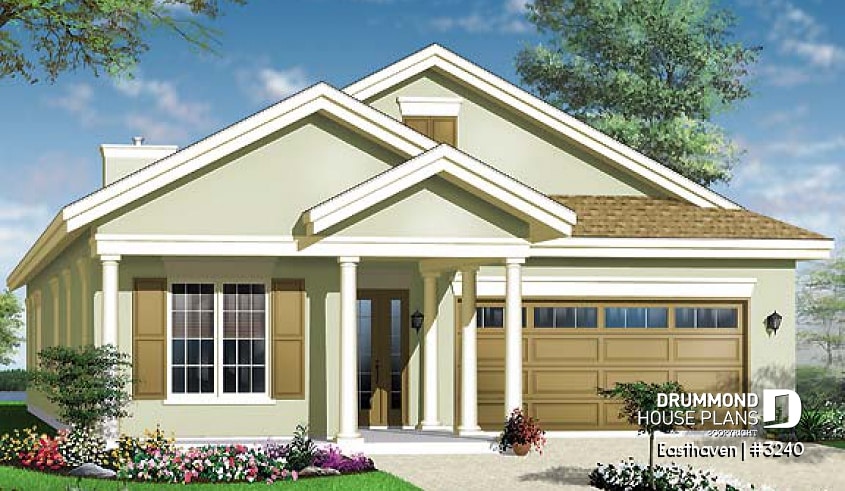 front - BASE MODEL - Single storey house plan, 3 bedroom, 2-car garage, fireplace, great master suite and covered terrace - Easthaven