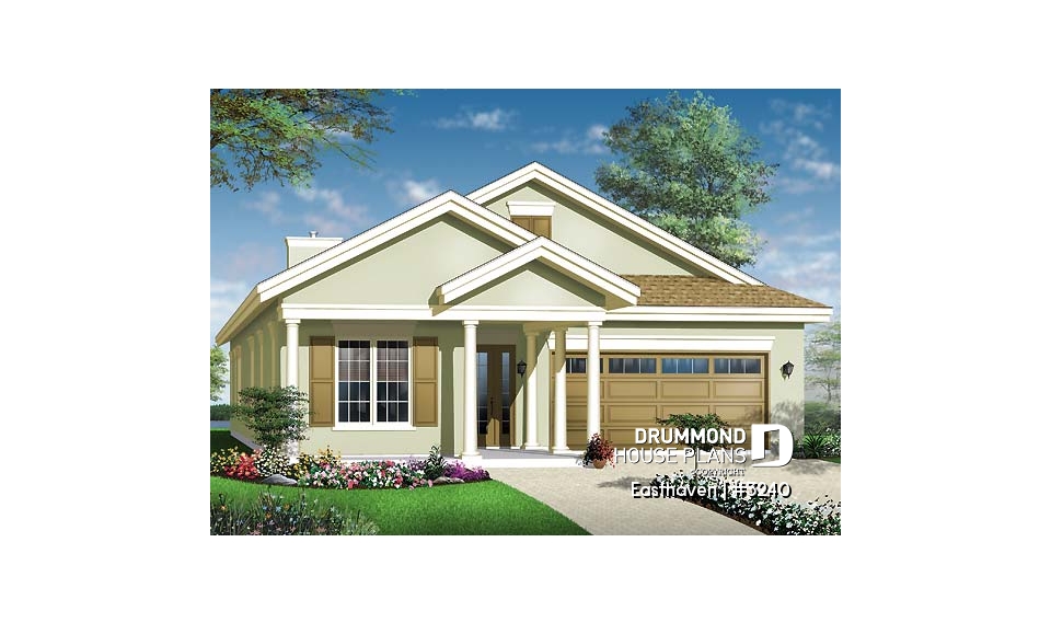 front - BASE MODEL - Single storey house plan, 3 bedroom, 2-car garage, fireplace, great master suite and covered terrace - Easthaven