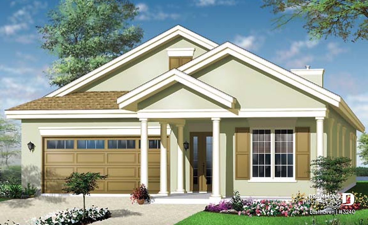front - BASE MODEL - Single storey house plan, 3 bedroom, 2-car garage, fireplace, great master suite and covered terrace - Easthaven