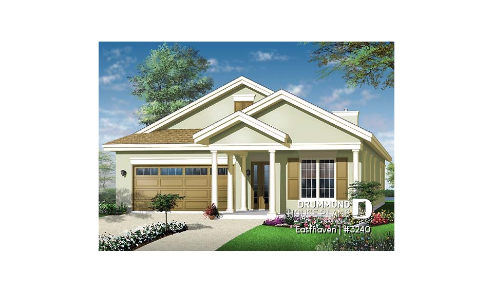 front - BASE MODEL - Single storey house plan, 3 bedroom, 2-car garage, fireplace, great master suite and covered terrace - Easthaven