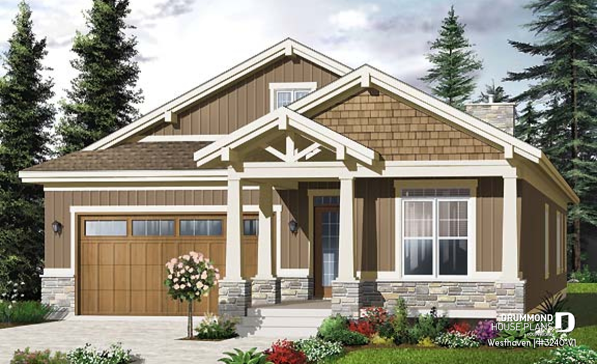 front - BASE MODEL - 3 bedroom Northwest style house plan, 2-car  garage, large covered rear  balcony, fireplace, open concept - Westhaven