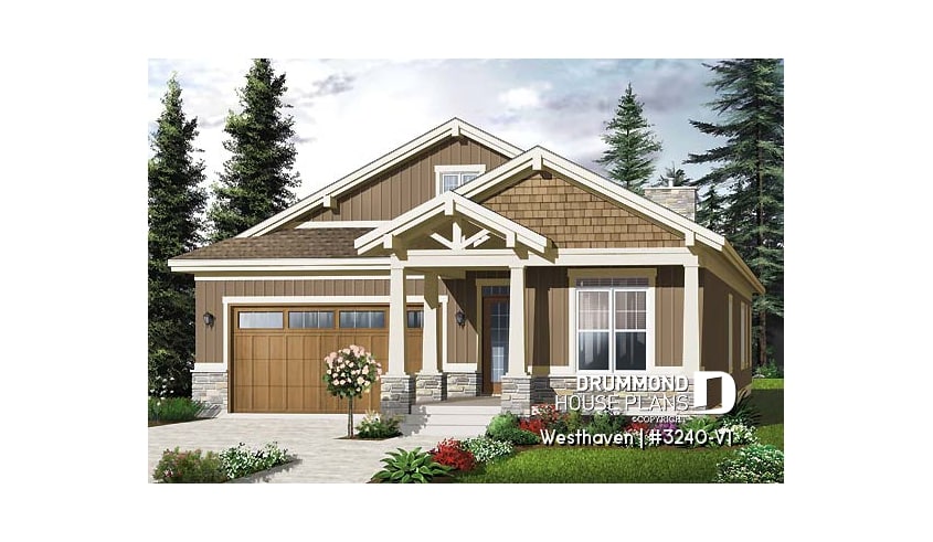 front - BASE MODEL - 3 bedroom Northwest style house plan, 2-car  garage, large covered rear  balcony, fireplace, open concept - Westhaven