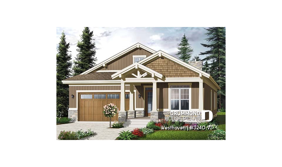 front - BASE MODEL - 3 bedroom Northwest style house plan, 2-car  garage, large covered rear  balcony, fireplace, open concept - Westhaven