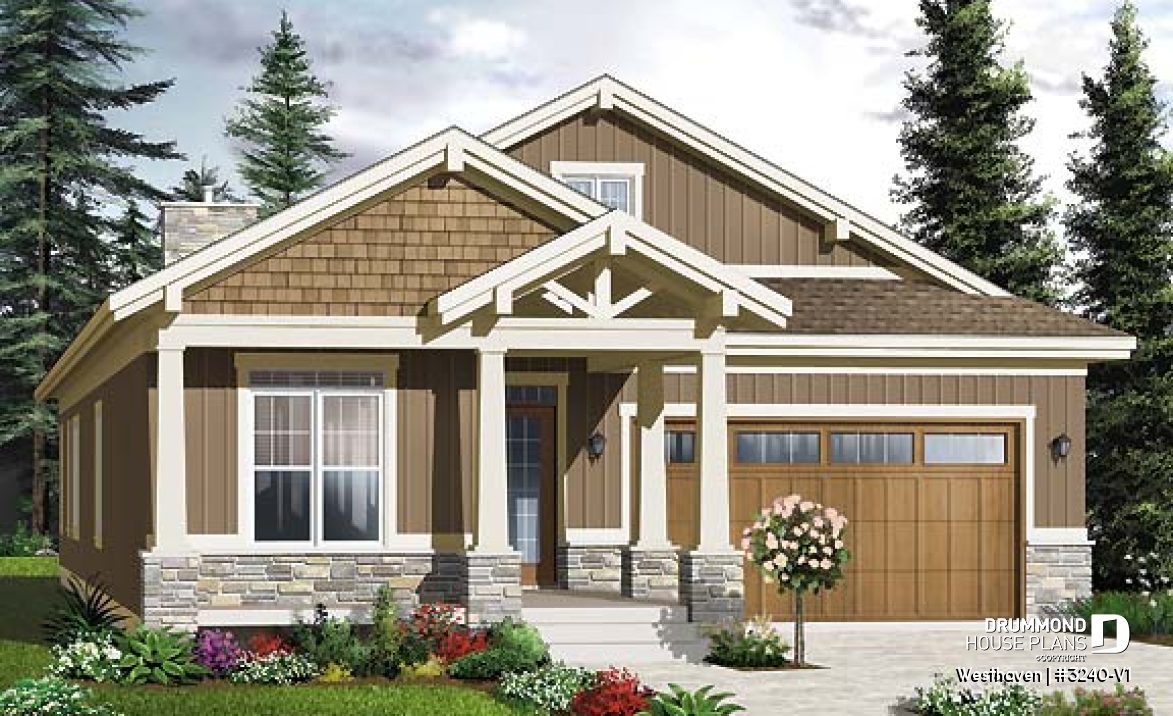 front - BASE MODEL - 3 bedroom Northwest style house plan, 2-car  garage, large covered rear  balcony, fireplace, open concept - Westhaven