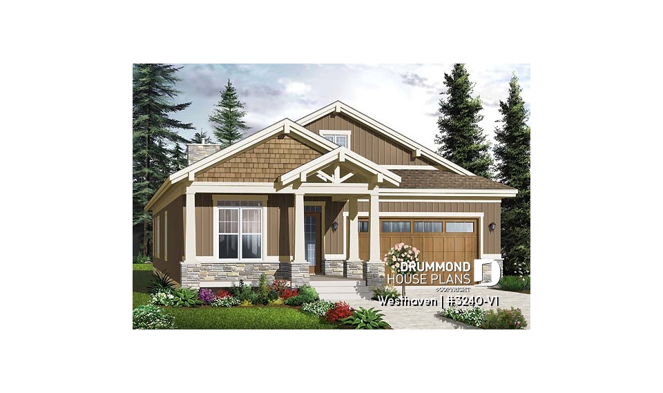 front - BASE MODEL - 3 bedroom Northwest style house plan, 2-car  garage, large covered rear  balcony, fireplace, open concept - Westhaven