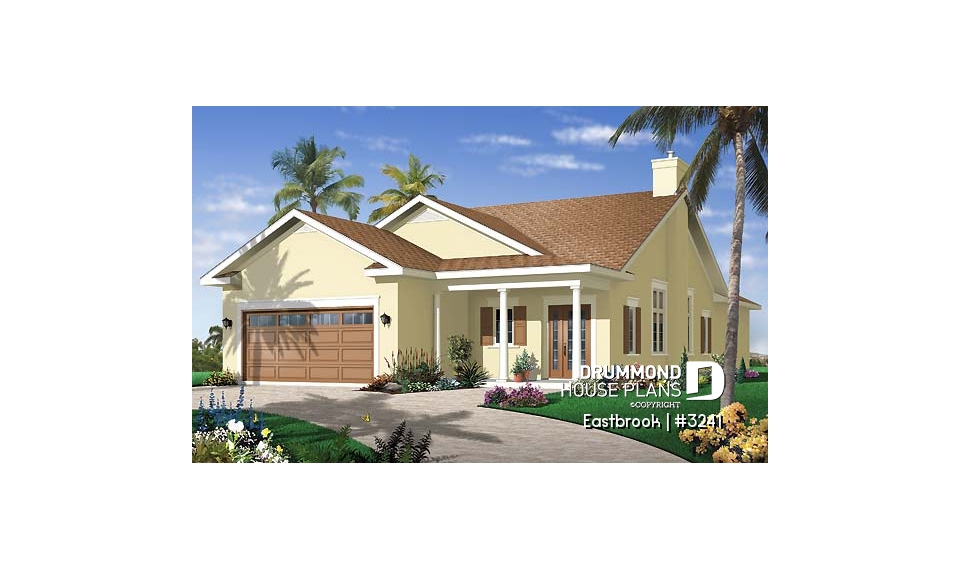 front - BASE MODEL - Perfect 3 bedrooms, 2 bathrooms bungalow house plan with a 2-car garage, for a narrow lot - Eastbrook
