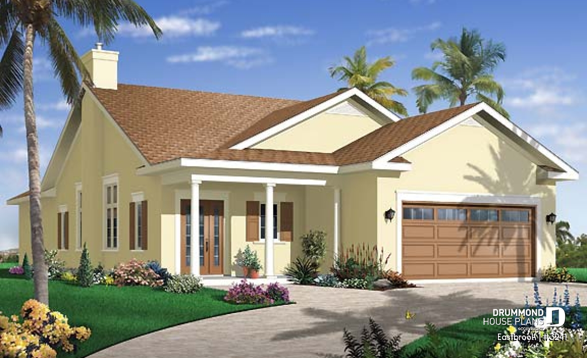 front - BASE MODEL - Perfect 3 bedrooms, 2 bathrooms bungalow house plan with a 2-car garage, for a narrow lot - Eastbrook