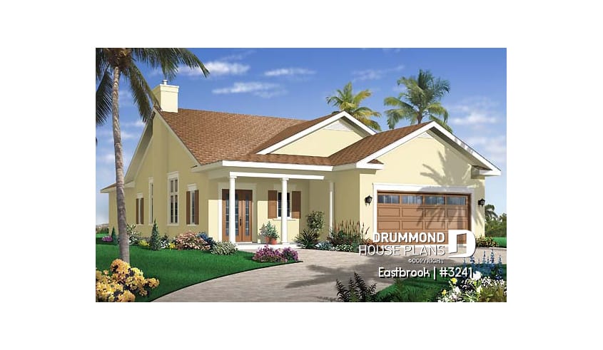 front - BASE MODEL - Perfect 3 bedrooms, 2 bathrooms bungalow house plan with a 2-car garage, for a narrow lot - Eastbrook