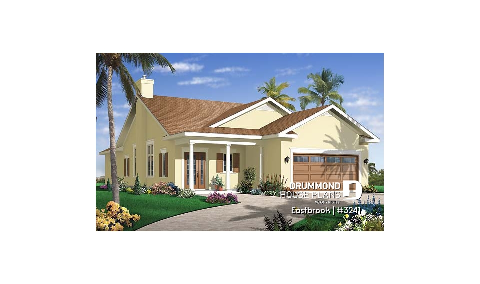 front - BASE MODEL - Perfect 3 bedrooms, 2 bathrooms bungalow house plan with a 2-car garage, for a narrow lot - Eastbrook